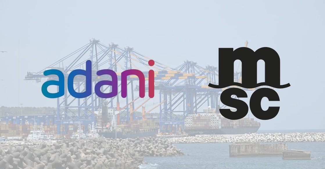 Representational image showing logos of Adani group and MSC against the backdrop of Vizhinjam port. Photo: Onmanorama