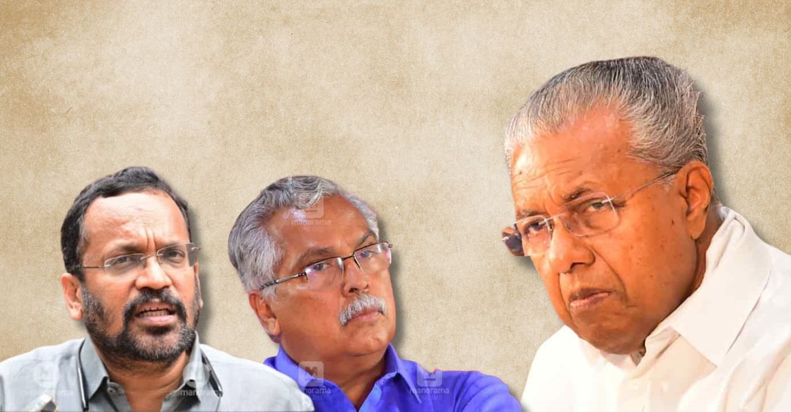 Parliamentary Party leader K Rajan, CPI secretary Binoy Viswam and Opposition Leader Pinarayi Vijayan. Photo: Canva/Manorama