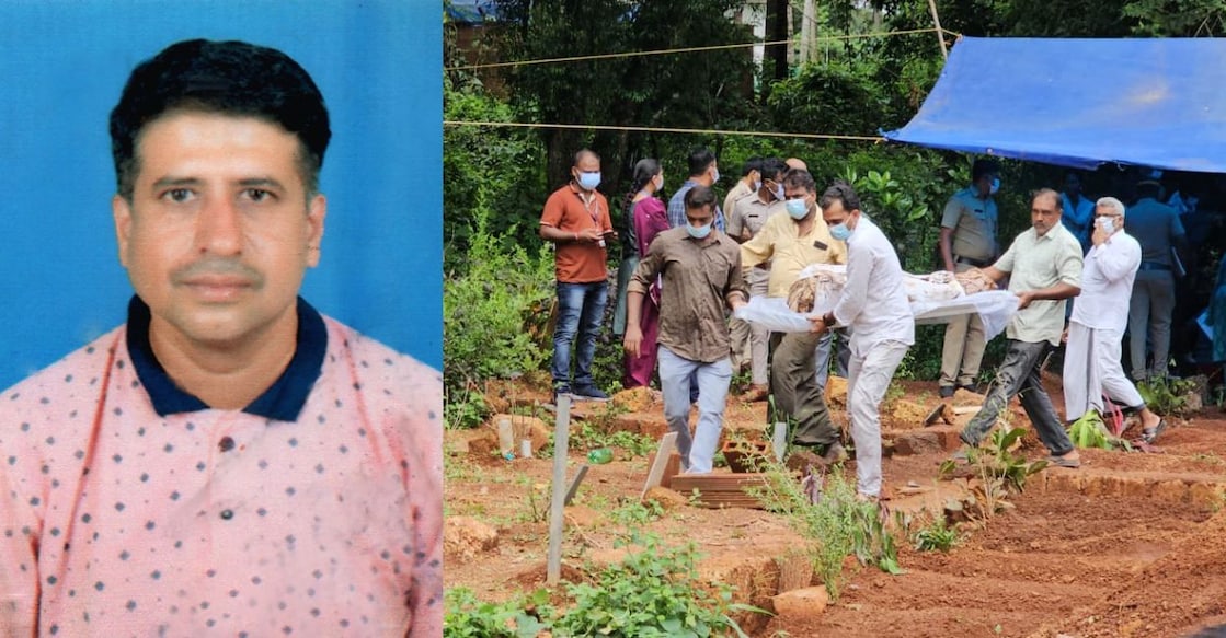 Shanavas (L). Authorities carrying the body of Shanavas after exhuming it from the Iriveri Juma Masjid graveyard in Kannur. Photo: Special arrangement