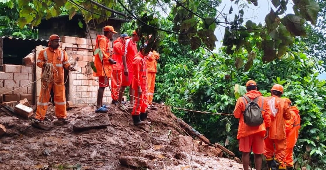 Fire and Rescue Services carrying out rescue operations at Morkkad, Idukki, following the landslide that occurred at 3 am on Saturday. Photo: Special Arrangement