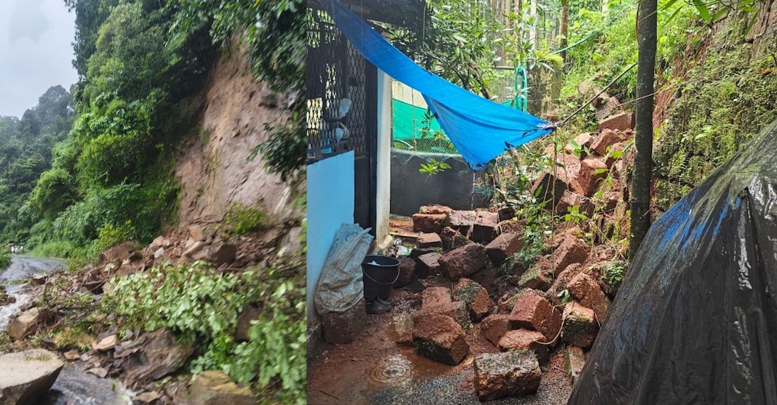 1) Landslip on Palchuram mountain pass connecting Kannur and Wayanad, 2) A landslip occurred near the house of Salman Faris at Kupperi in Panappuzha village. Photos: Special Arrangement.