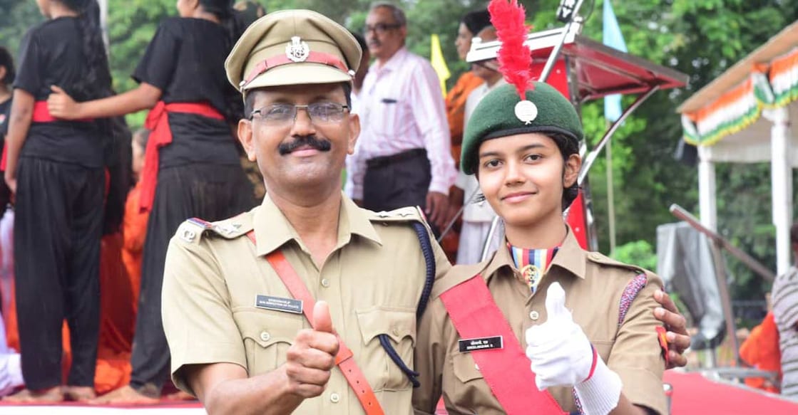 SI P. Sreedharan of Palakkad Town South Station, and his daughter Sreelakshmi, an NCC cadet at Chittur Government College, together at the parade ground. Photo: Special arrangement