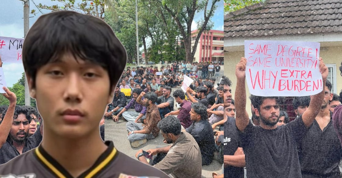 Michi Marpu; in the background, pictures taken during the students’ protest. Photos: Special Arrangement. 