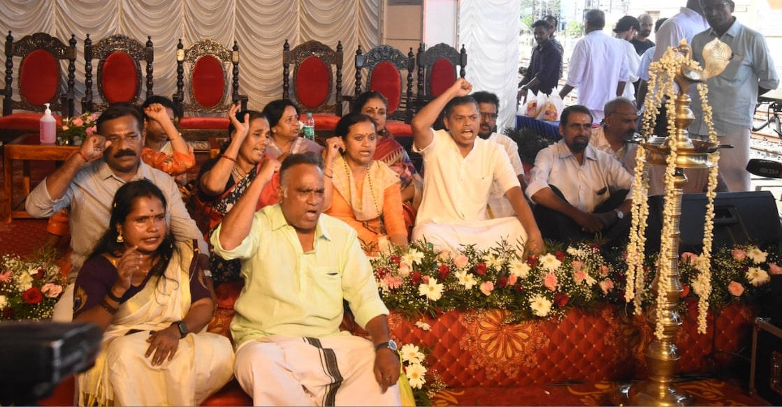 BJP workers staging a sit-in at the Ernakulam Junction Railway Station. Photo: Special arrangement