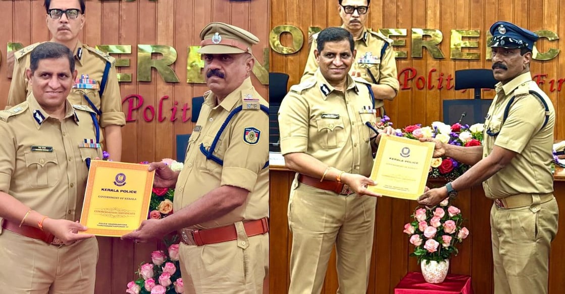 Sub Inspector S Manoj (L) and Home Guard Jyothy P S (R) receiving  tokens of appreciation from State Police Chief Ravada Azad Chandrasekhar. Photos: Special Arrangement. 