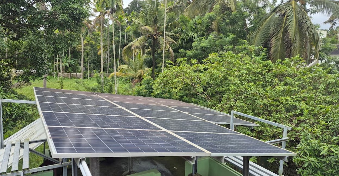 Solar panels installed on top of former panchayat president KK Sachith's house. Photo: Special Arrangement