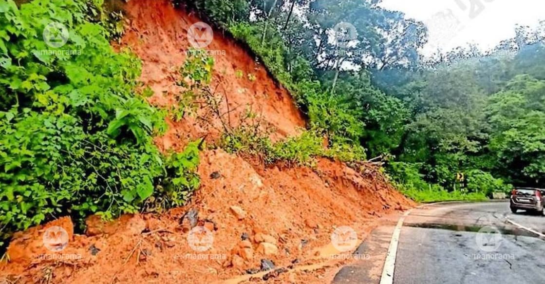 Soil that slid onto the roadside along the Kattappana-Kuttikkanam stretch of the Hill Highway near Elappara. Photo: Special Arrangement.