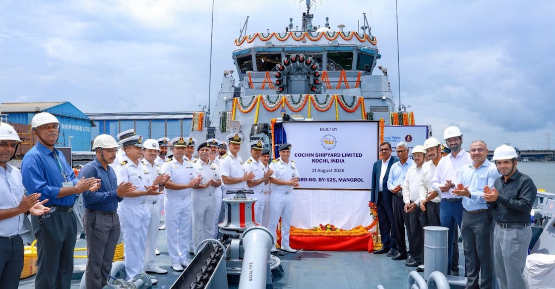 Cochin Shipyard Limited (CSL) handing over ‘Mangrol’ to the Indian Navy. Photo: Special Arrangement. 