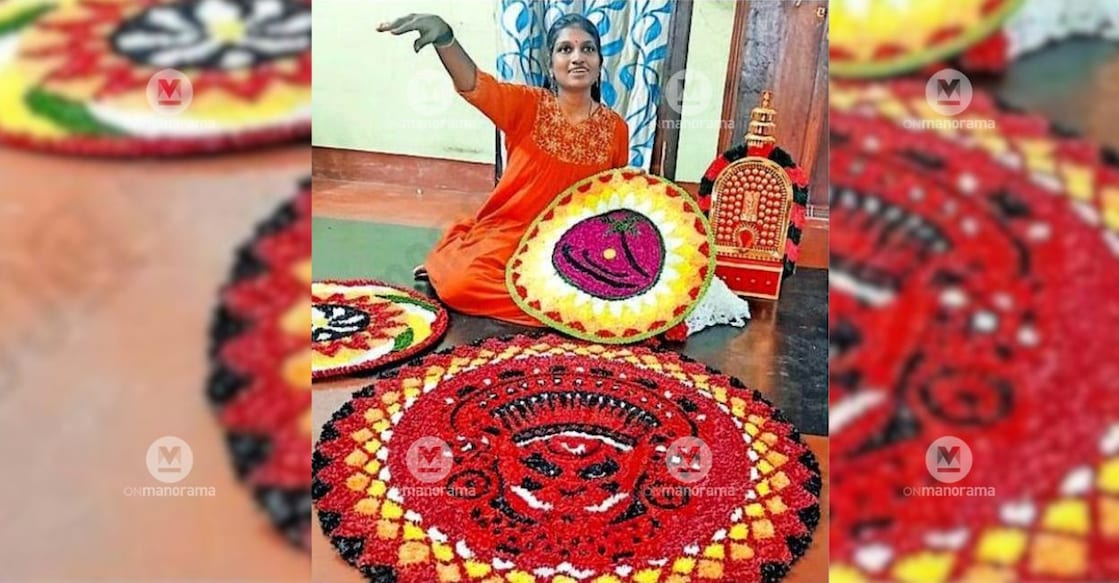 Parvathy Vijesh with the ready-made pookkalams she has handcrafted.