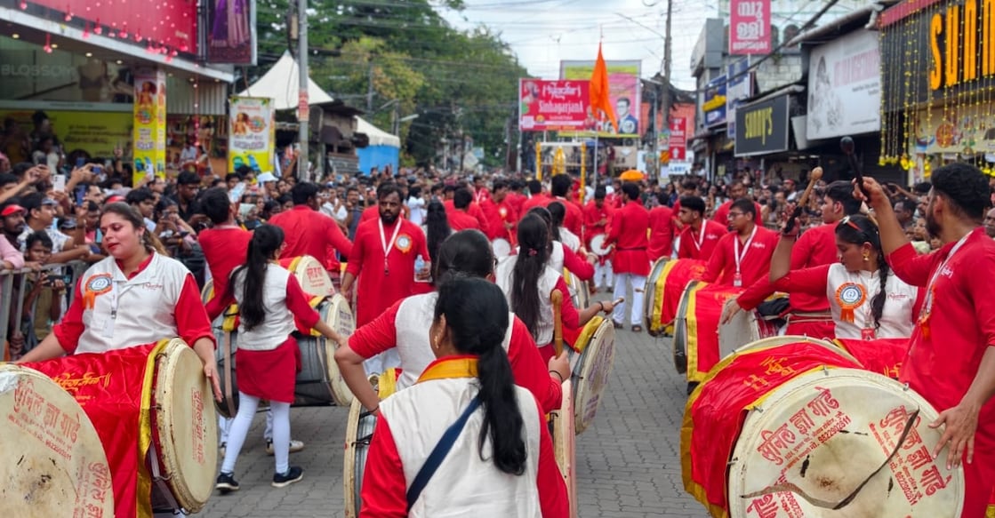 The Nashik Dhol troupe from Pune, who performed during the Athachamayam procession. Photo: Special Arrangement