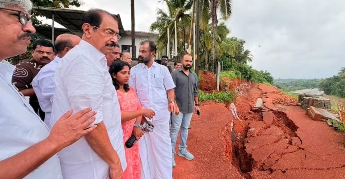 Electricity Minister Sunny Joseph (second from Left) visiting the site where the NH 66 retaining wall collapsed. Photo: Facebook/@Collector Kannur