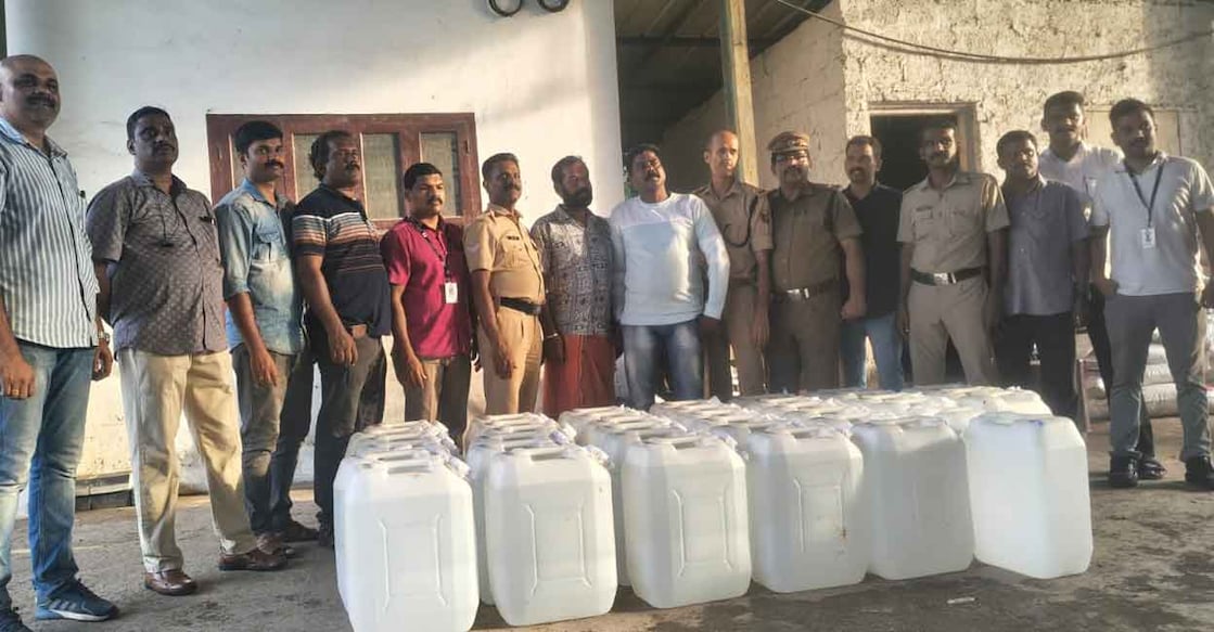 The team from Excise Angamaly Range Office seized 1,248 litres of illicit spirit. Photo: Special arrangement