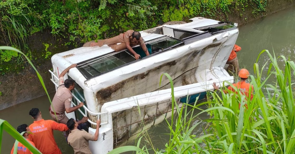 The school van that plunged into a canal at Potta in Chalakudy. Photo: Special Arrangement
