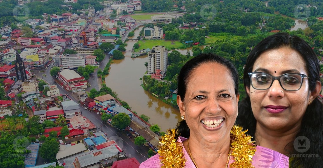 Lissykutty Mathew (left) and Maya Rahul, with an aerial view of Pala town in the background. Photos: Manorama.