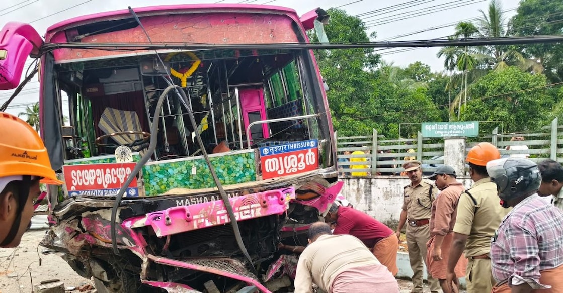 The bus involved in the accident near Cheruvathur Ground in Kunnamkulam on Thursday. Photo: Special Arrangement.