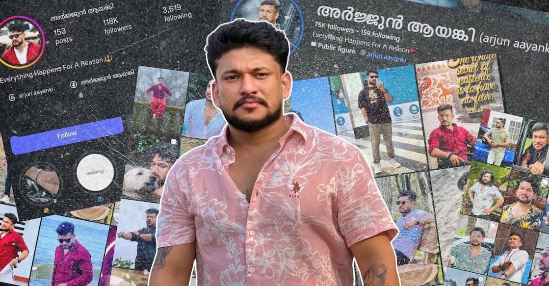 Arjun Ayanki; in the background, screenshots from his social media profiles. Photos: Facebook & Instagram. 