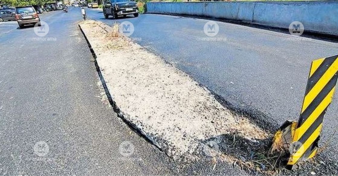 The median on the first culvert on the road on Manippuzha Junction, leading  towards Kollad, after being partially demolished, remains elevated from the road level.Photo: Manorama