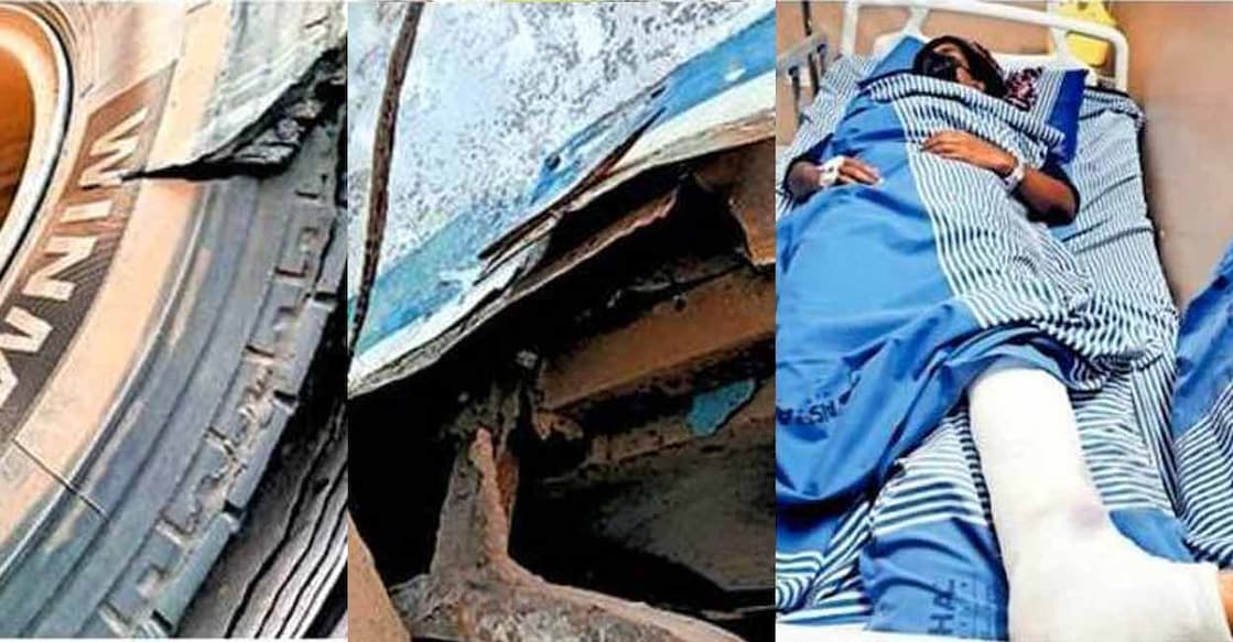 Tyre bursts on KSRTC bus near Padannakkad, Neeleshwaram; damaged section next to seat; Kunjayisha after surgery. Photo: Manorama