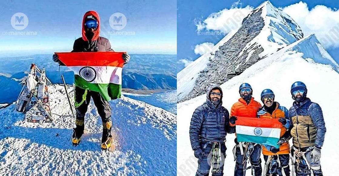 Combo image of Rakesh Nath atop Mount Elbrus (L) and M Kannan, Shijo Jose, Vinod Jacob, and Prince Jacob, the Munnar natives who scaled Ramjak Peak. Photo: Special arrangement
