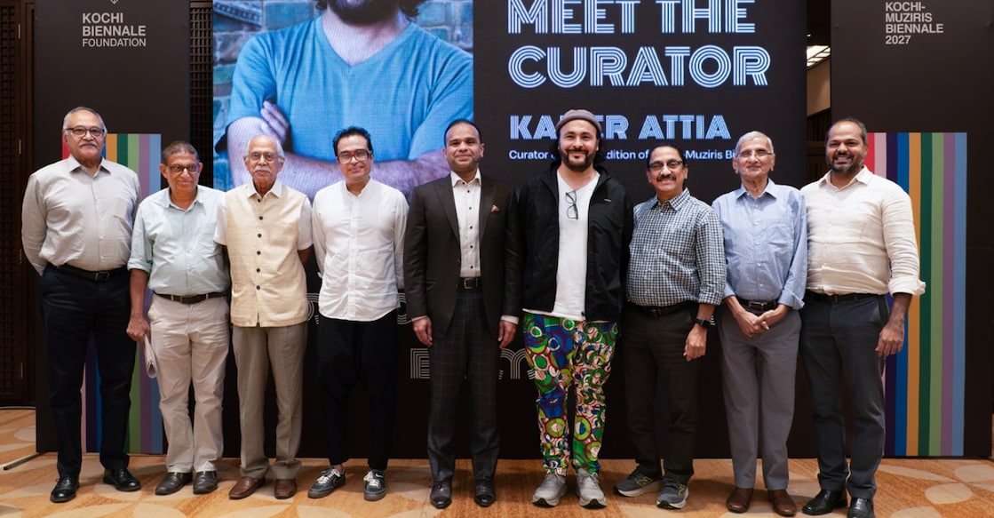French-Algerian artist and curator of the seventh edition of the Kochi-Muziris Biennale, Kader Attia (Fourth from Right), with members of the Kochi Biennale Foundation Trust at the ‘Meet the Curator’ programme at Grand Hyatt Kochi Bolgatty. Photo: Special arrangement