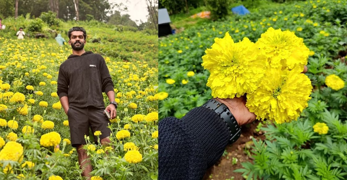 Shibulal posing amid blooming marigolds. Photo: Special Arrangement.