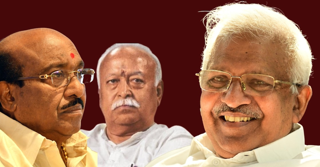 Vellappally Natesan, Mohan Bhagwat and P Jayarajan. Photo: Manorama/Canva