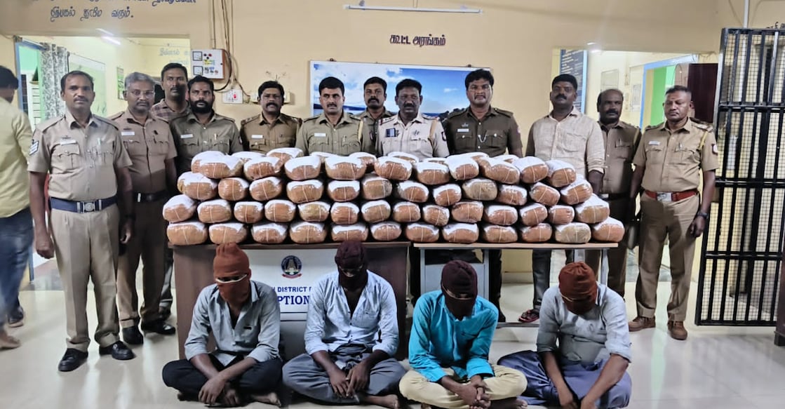 Four members of the gang arrested by Gudalur police in Theni with 190 kg of ganja. Photo: Special arrangement