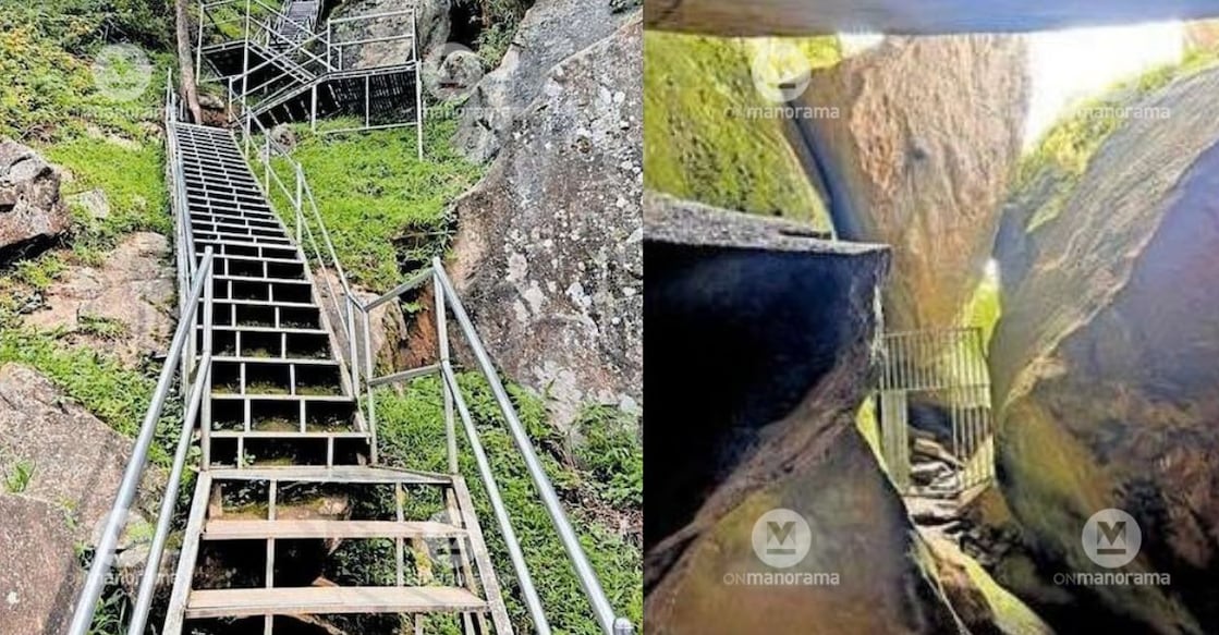 The path for visitors descending into Edakkal Cave and the entrance to Edakkal Cave. Photo: Special Arrangement
