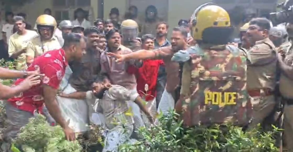 A screengrab showing DYFI workers clash with the police at Harrison Malayalam's Kundai estate. Photo: Special arrangement