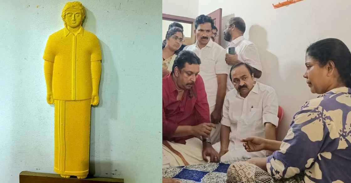 The carved wooden statue which was laid to rest on Monday, Chief Minister V D Satheesan visiting Gautam's mother, Reshma, on August 10. Photo: Special arrangement, Manorama