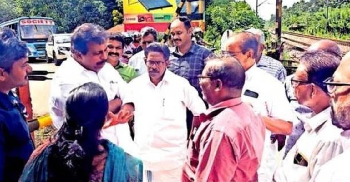 MP Kodikkunnil Suresh, reviewing the Mainagappally railway overpass project with RBDCK officials at its construction site. MLA Ullas Kovoor is also present. Photo: Special Arrangement.