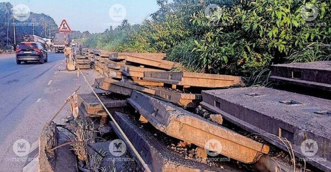 Concrete slabs piled up on the Vadakkencherry-Vaniampara National Highway. Photo: Manorama