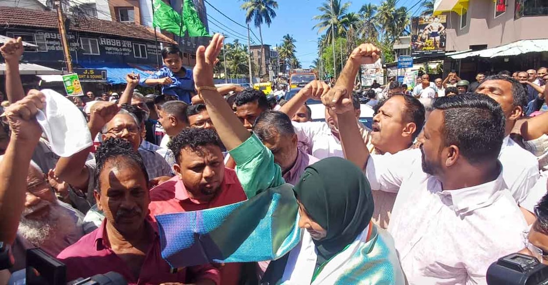 UDF candidate Farseena Arakkal celebrates her victory with UDF workers. Photo: Sajeesh Shankar/Manorama