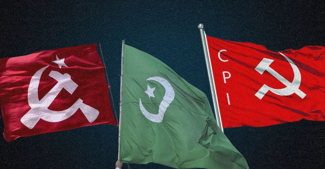 A collage featuring the flags of the CPM, IUML and CPI. File photos.