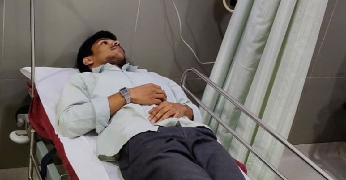 Abdul Nafih K M (22) sustained injuries to his face and shoulders in the alleged incident and is undergoing treatment at Indira Gandhi Hospital in Thalassery. Photo: Special arrangement