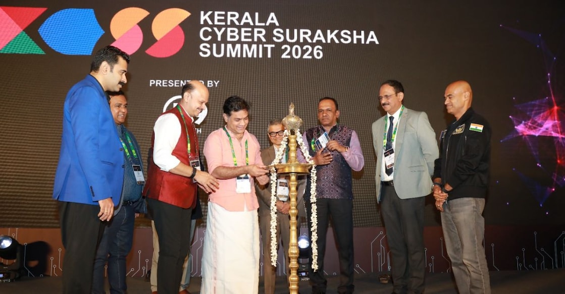 Hibi Eden, MP, inaugurating the Kerala Cyber Suraksha Summit 2026 in Kochi on Saturday. (L to R) Rajesh Radhakrishnan, Rajesh Vikraman and Jayakumar Mohanachandran of F9 Infotech, Vinayak Godse, CEO of Data Security Council of India, DGP Manoj Abraham, Lt Gen Madhavan Unnikrishnan Nair, and Air Commodore Prashanth Balakrishnan Nair are also seen. Photo: Special arrangement
