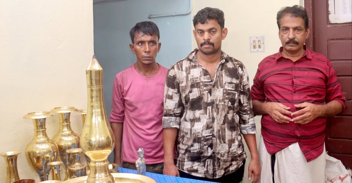 The arrested temple theft suspects — Ameer Hamsa of Perumbavoor, Ubaid of Kootumukham in Taliparamba, Kannur, and Anas of Thammanam, Ernakulam. Photo: Special arrangement