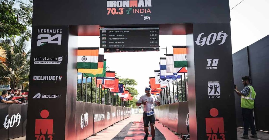 Dr Manoop B, a professor at the Government Medical College, Kottayam, completes the Ironman 70.3 triathlon held in Goa. Photo: Special Arrangement