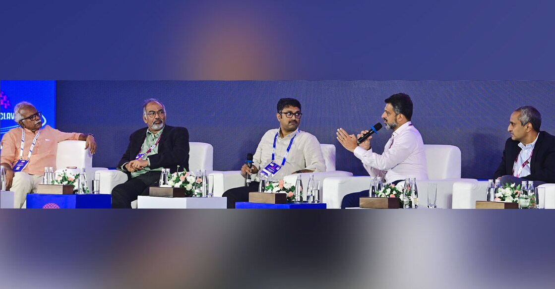 M G Radhakrishnan (from left), Muralee Thummarukudy, Dr Sanju Cyriac, Jayant Mammen Mathew and  Dr C S Pramesh. Photo: Manoj Chemancheri