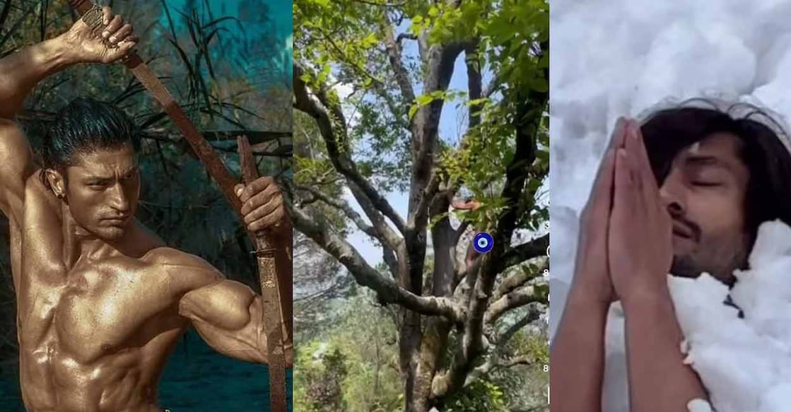Vidyut Jammwal (left); a glimpse from his yoga video (middle); yoga buried in ice. Photo: Instagram/@mevidyutjammwal