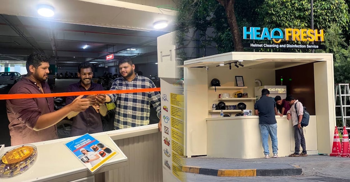 1) Rahoof, Jithin and Nabeel, 2) The Head Fresh outlet at the Lulu Mall in Kozhikode. Photos: Special arrangement. 