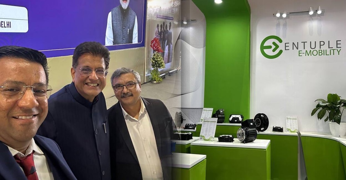 1) Entuple Founders with Union Minister of Commerce and Industry Piyush Goyal. 2) Entuple Products displayed at the Auto Expo 2025. Photos: Special arrangement.