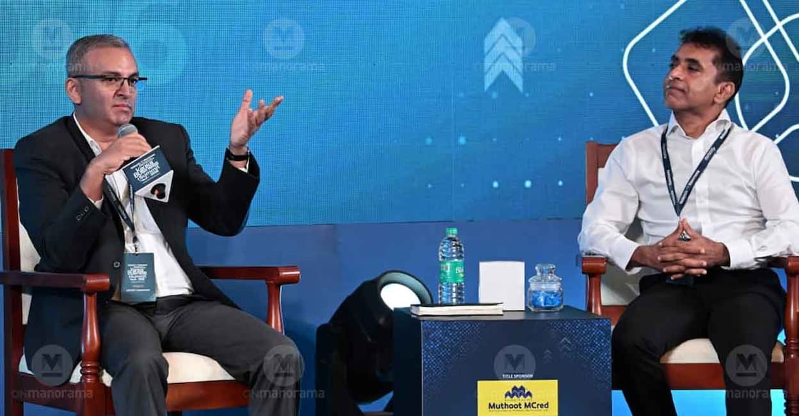 Antony Cherukara, CEO of VST Tillers Tractors Ltd, and Arun Raj, co-founder and COO of Prevalent Al at Sampadyam Kerala Business Summit 2026. Photo: Manorama