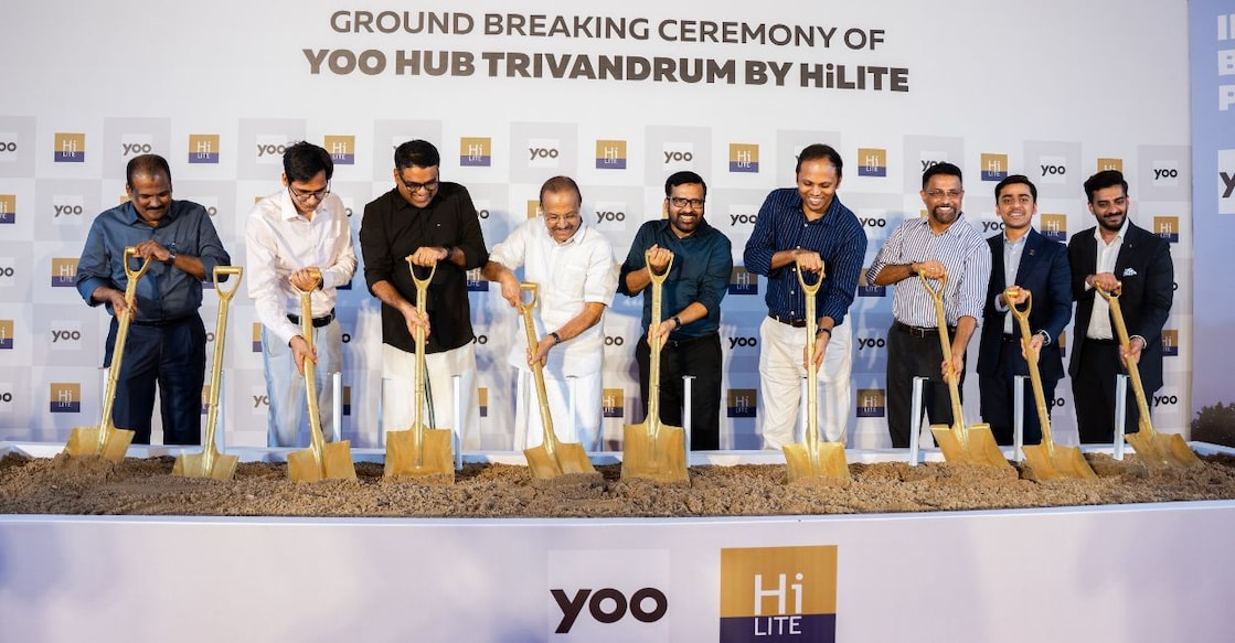 P K Kunhalikutty, Minister for Industries, IT & AI, is performing the groundbreaking ceremony for the project ‘YOO Hub Trivandrum’ in Technopark Phase III, along with other dignitaries. (From Left to right) Santhosh Koshy, Managing Director, KINFRA, Sandip Kumar IAS, CEO, Technopark, P M A Sameer MLA, Thirurangadi, P. Sulaiman, Chairman, HiLITE Group, Seeram Sambasiva Rao IAS, Special Secretary, Electronics & Information Technology Department, Col. Sanjeev Nair (Retd.) Former CEO, Technopark, Ajil Muhammed, CEO, HiLITE Group, Shafeeq P, CEO, HiLITE Properties nearby. Photo: Special arrangement