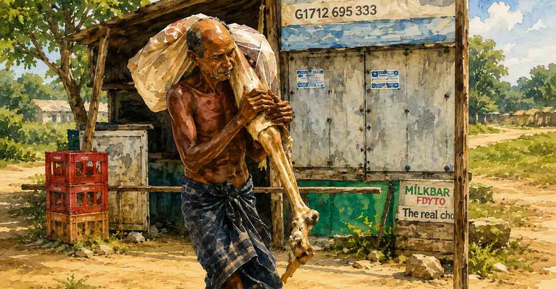 This is an AI-generated illustration of Jitu Munda carrying the skeletal remains of his sister to the bank. 