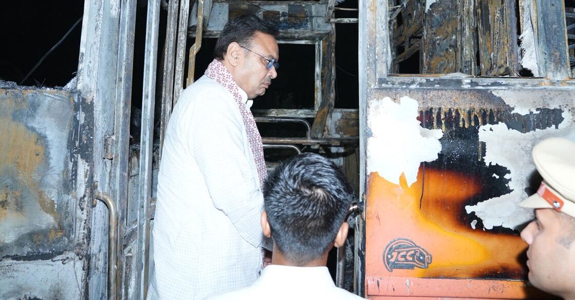 Rajasthan Chief Minister Bhajan Lal Sharma inspecting the bus. Photo: IANS