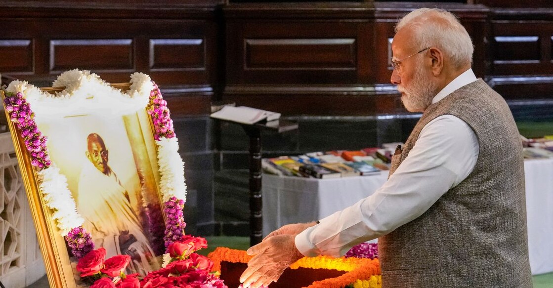 Prime Minister Narendra Modi pays homage to Mahatma Gandhi on his birth anniversary at the Parliament House in New Delhi. Photo: PTI