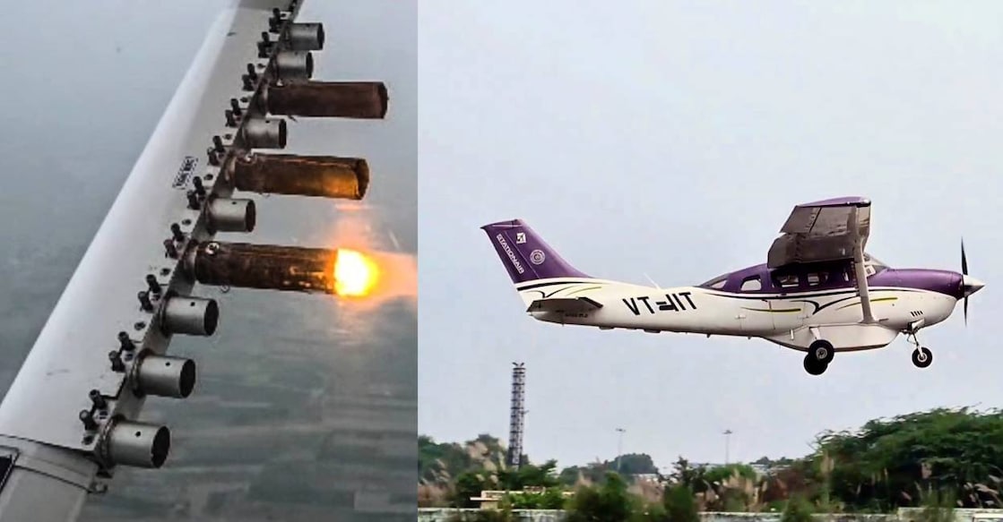 A Cessna aircraft took off from Meerut Airport for Delhi and released cloud seeding flares in different areas. Photo: @mssirsa/X via PTI Photo