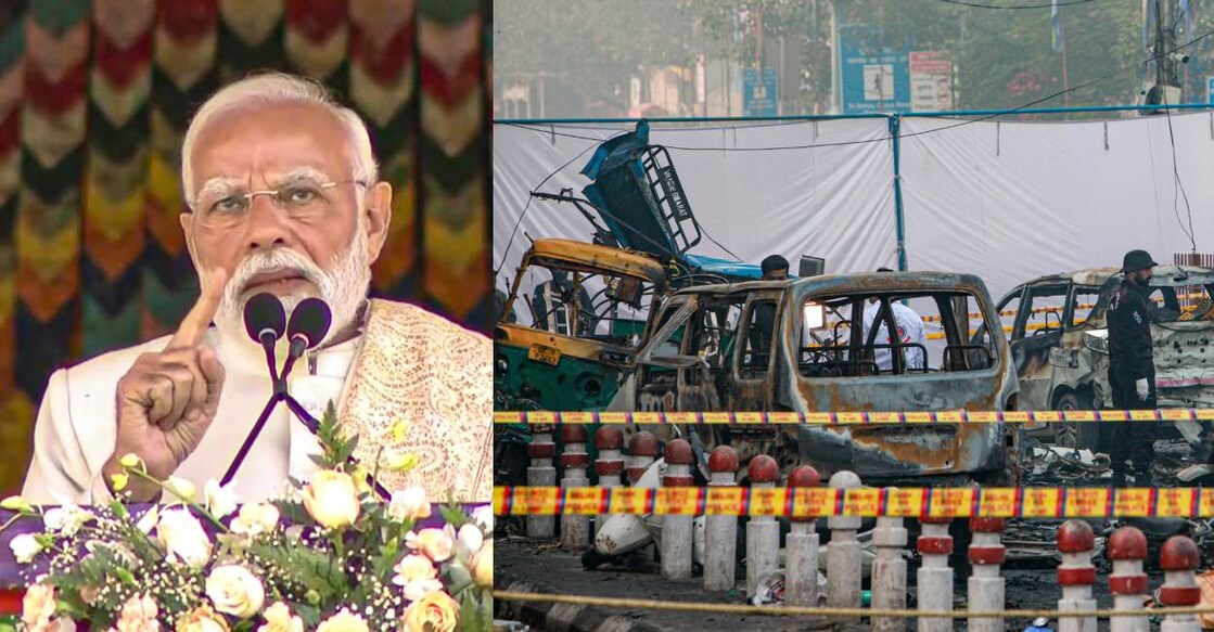 Prime Minsiter Narendra Modi and a view of the Delhi blast site. Photo: PTI