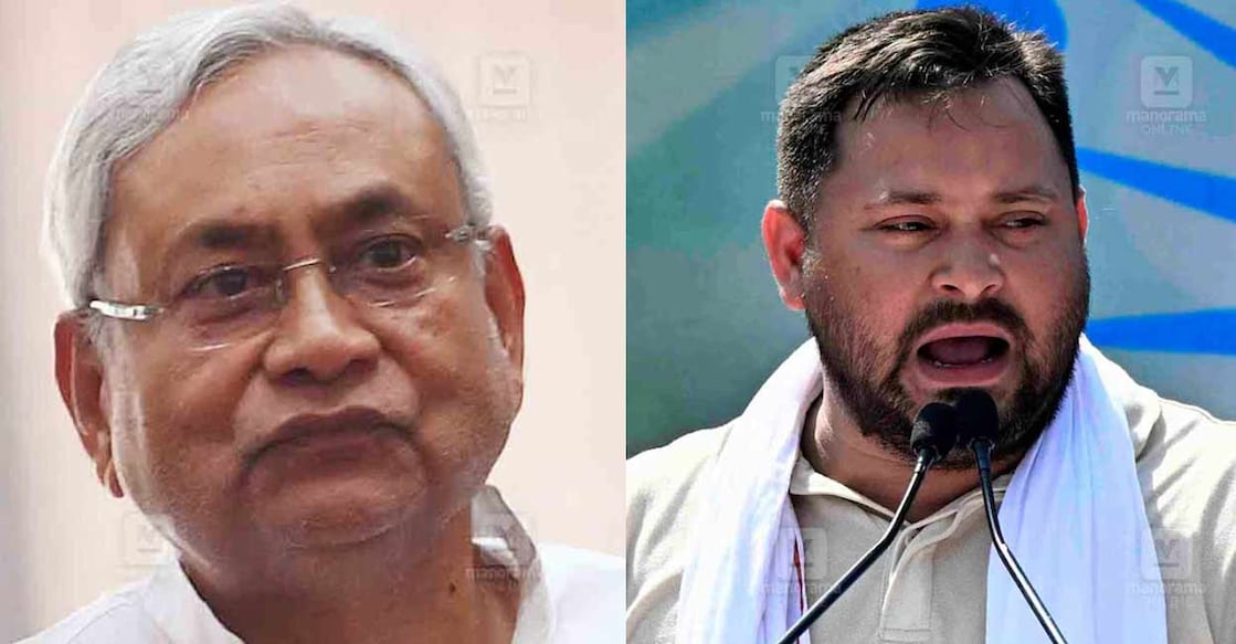 നിതീഷ് കുമാർ (ചിത്രം: ജെ.സുരേഷ് ∙ മനോരമ), തേജസ്വി യാദവ് (ചിത്രം: ജോസ്കുട്ടി പനയ്ക്കൽ ∙ മനോരമ)